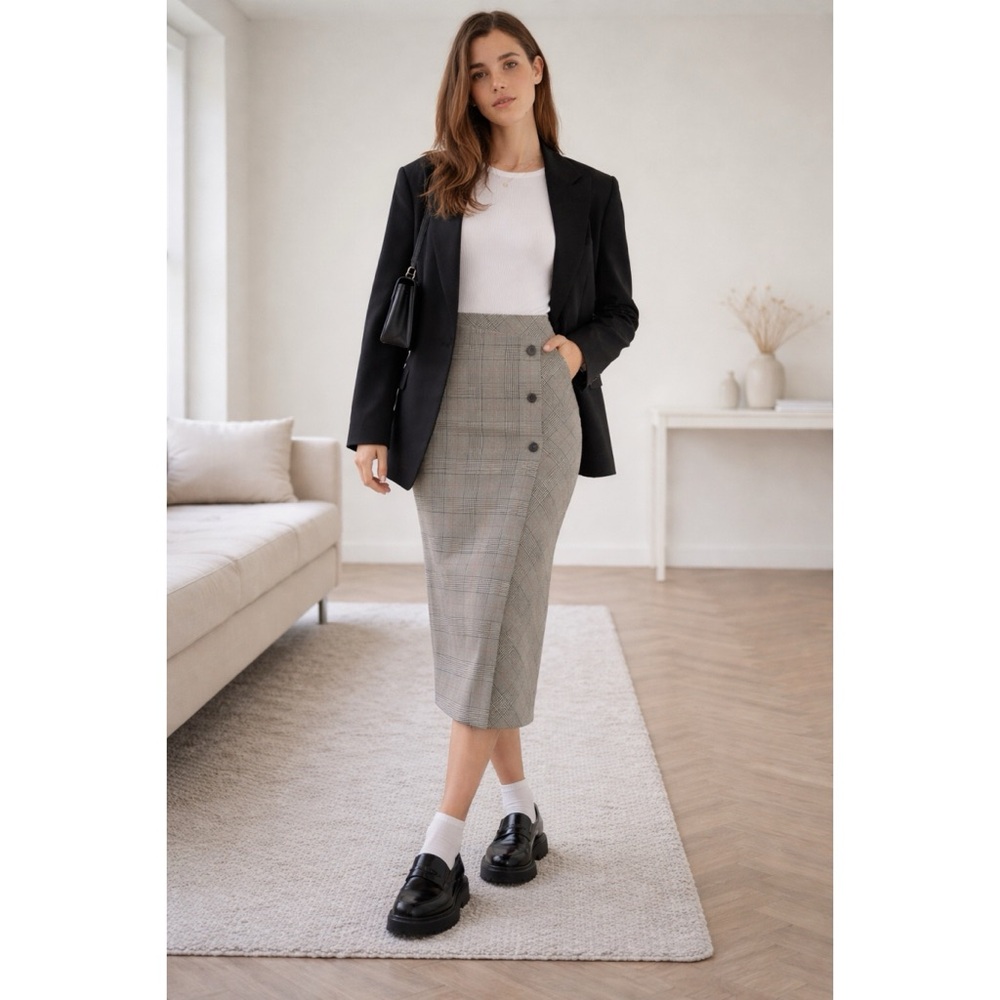 Babaton Plaid Midi Skirt Fitted Button Front High Rise Corpcore Quiet Luxury